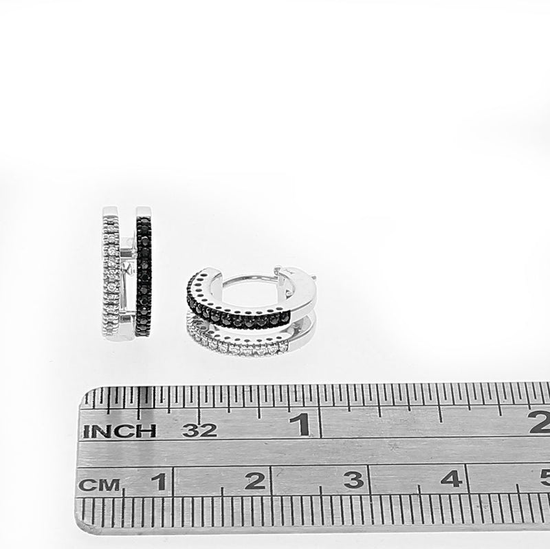2 Row Black and White Diamond Huggie Earrings in White Gold