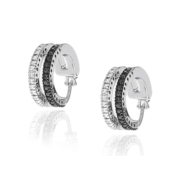 2 Row Black and White Diamond Huggie Earrings in White Gold