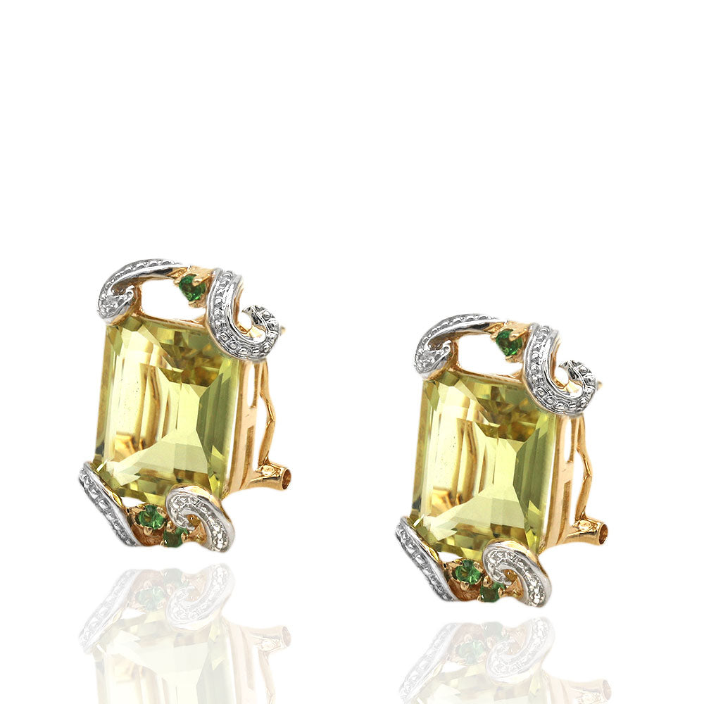 Lemon Quartz and Tsavorite Accent Earrings in Yellow and White Gold