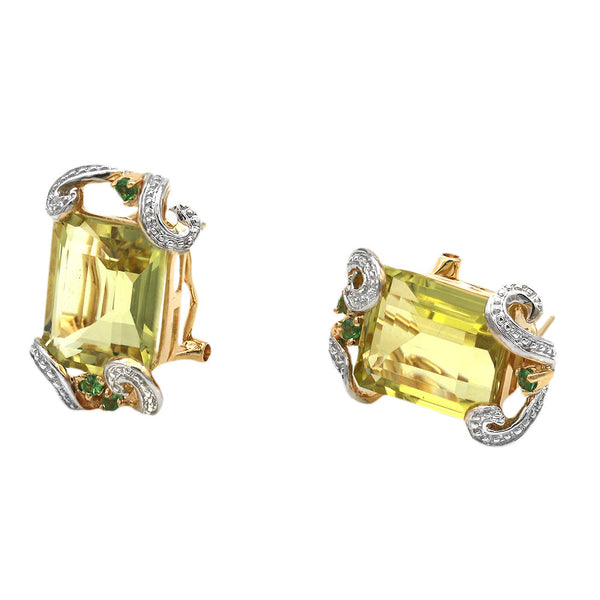 Lemon Quartz and Tsavorite Accent Earrings in Yellow and White Gold