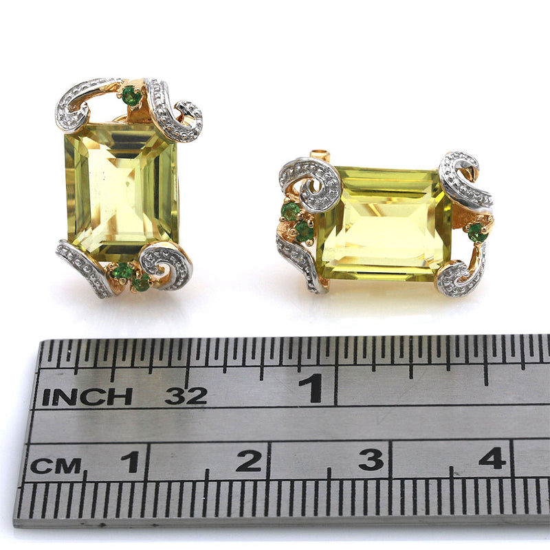 Lemon Quartz and Tsavorite Accent Earrings in Yellow and White Gold