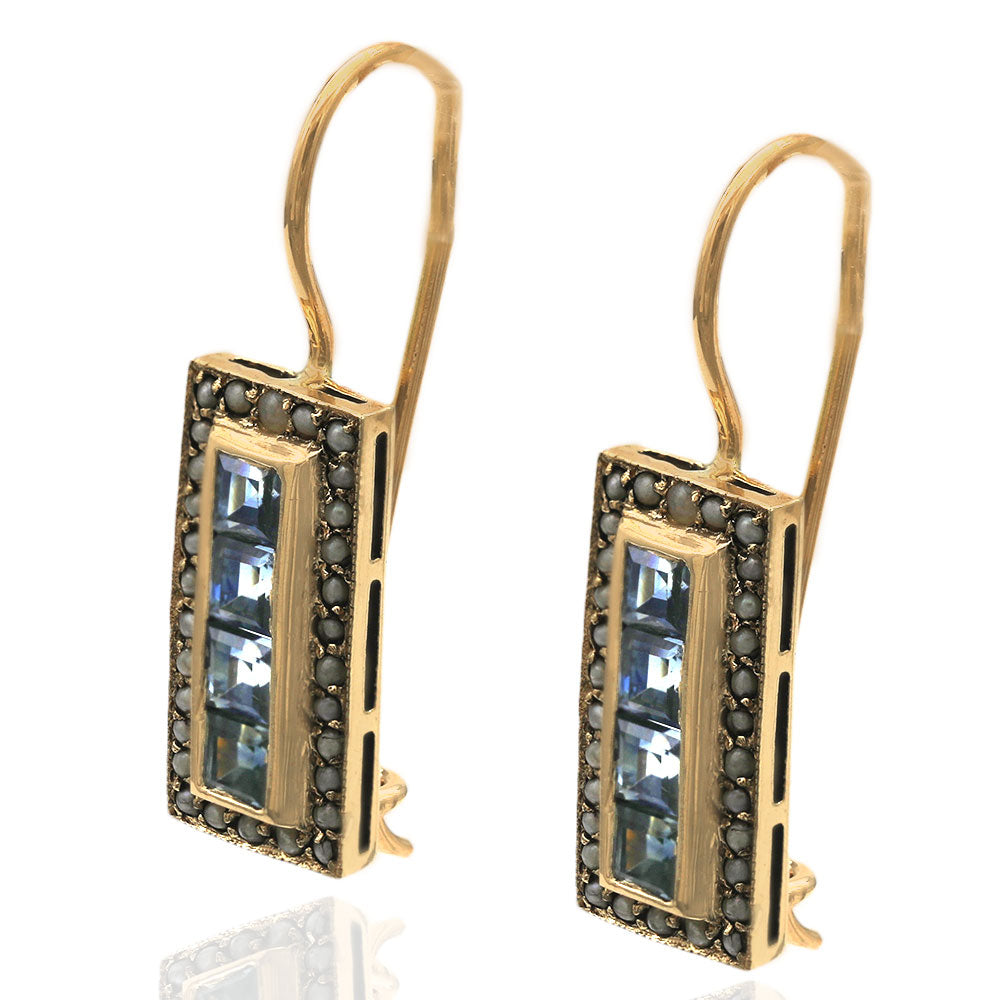 Vintage Blue Sapphire and Seed Pearl Drop Earrings