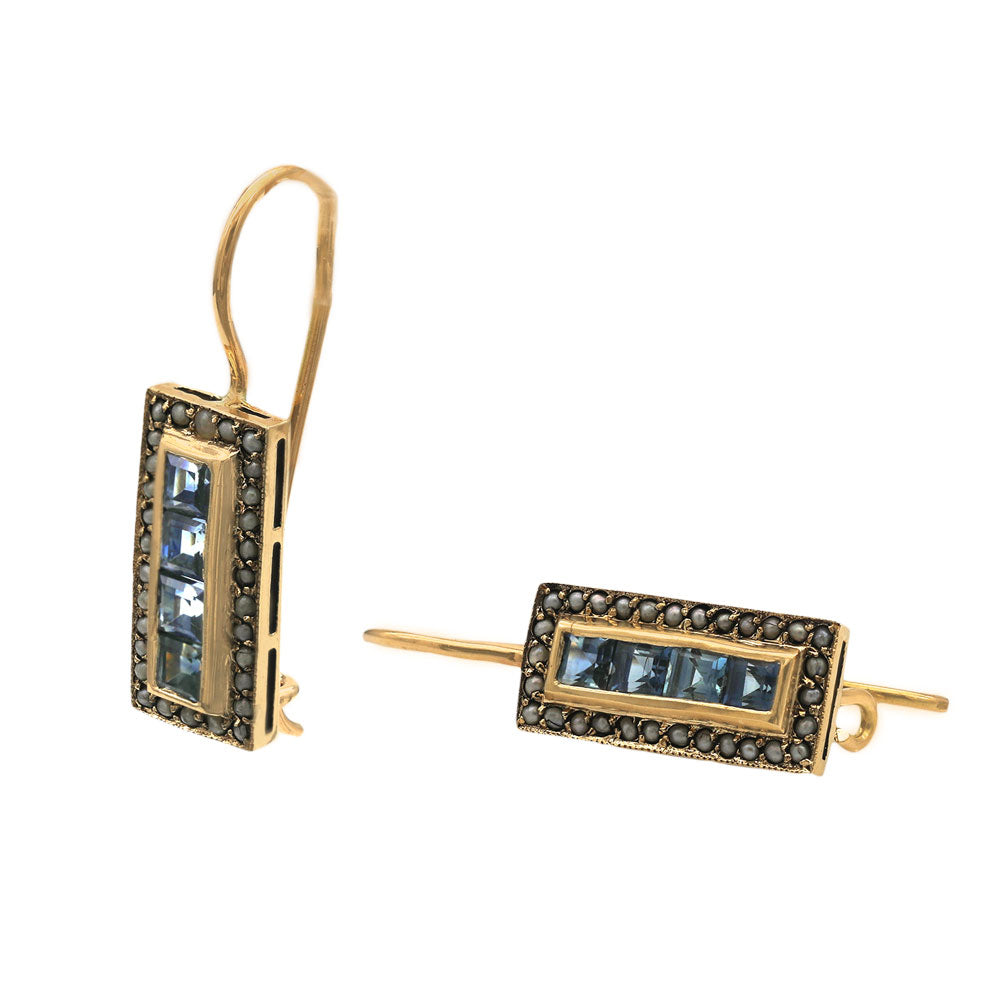 Vintage Blue Sapphire and Seed Pearl Drop Earrings