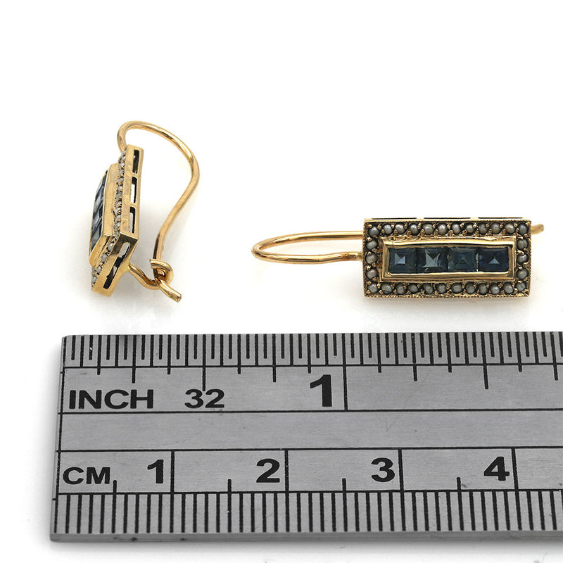 Vintage Blue Sapphire and Seed Pearl Drop Earrings