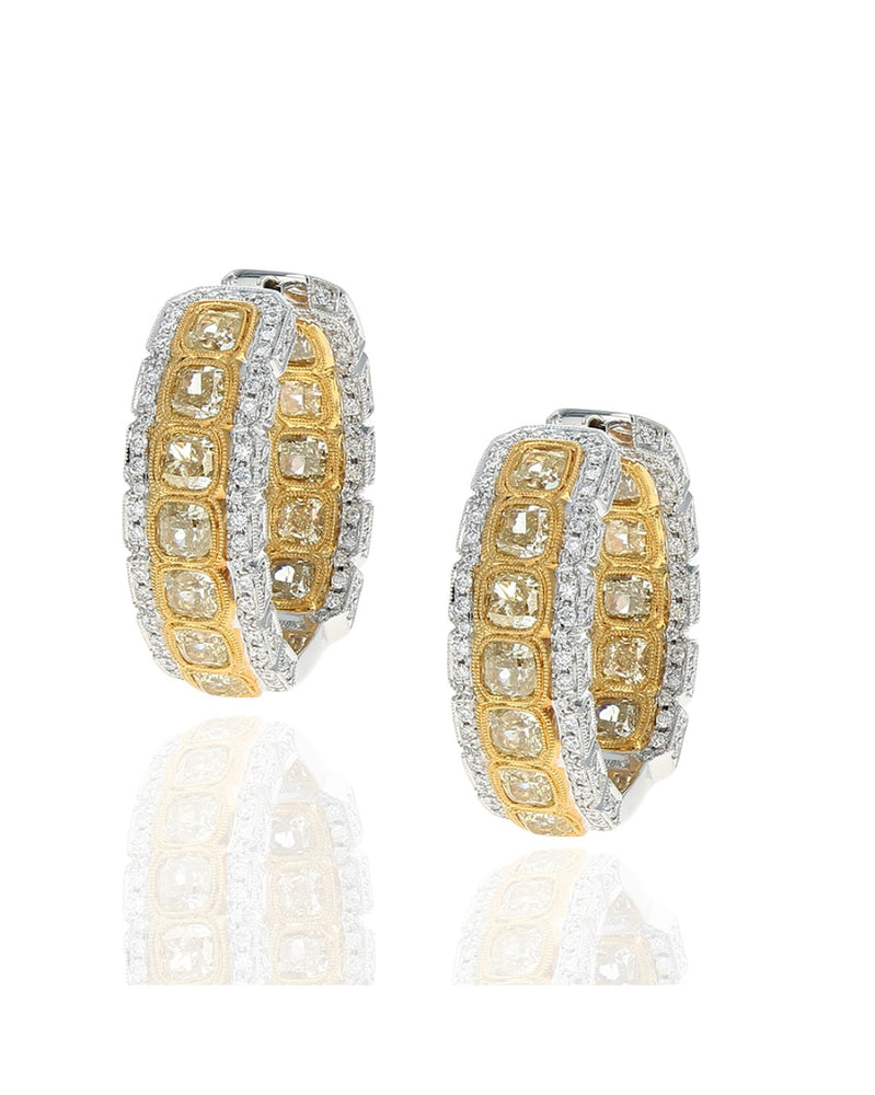 Fancy Yellow and White Diamond Oval Inside Outside Hoop Earrings