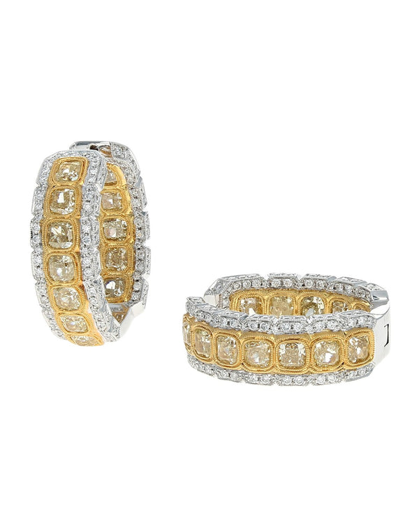 Fancy Yellow and White Diamond Oval Inside Outside Hoop Earrings