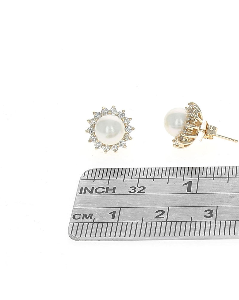 Pearl and Diamond Halo Stud Earrings in Yellow Gold