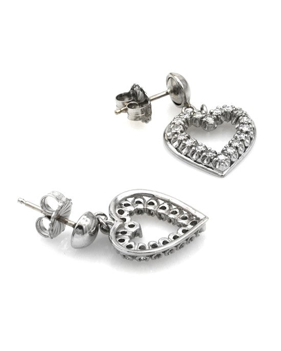 Diamond Open Heart Dangle Earrings in White Gold