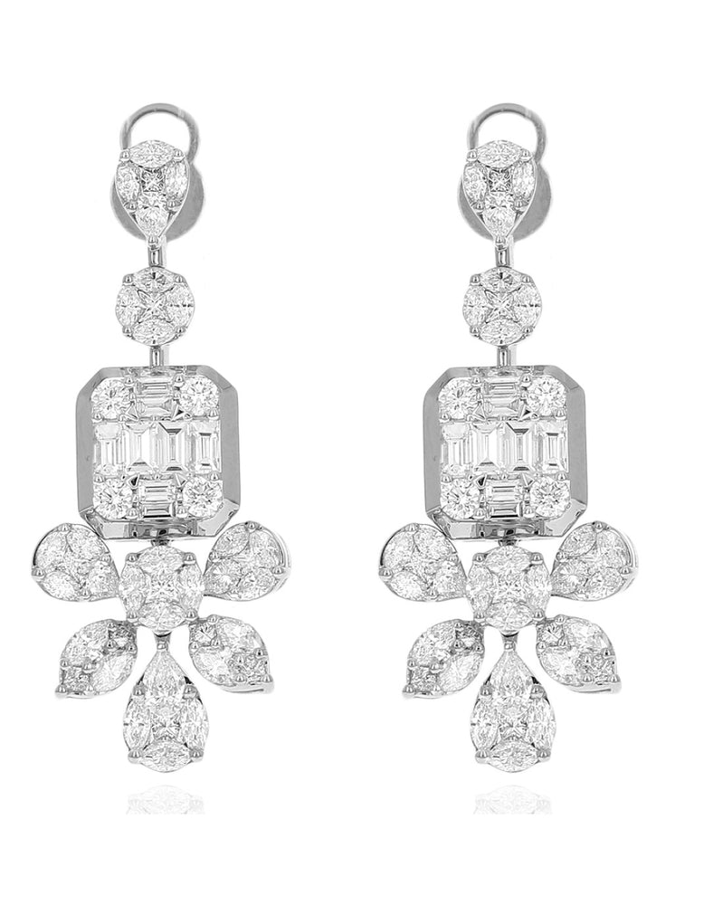 Mixed Cut Diamond Mosaic Chandelier Drop Earrings in White Gold