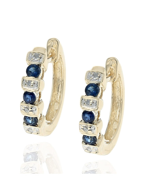 Alternating Diamond and Blue Sapphire Huggie Earrings in Yellow Gold