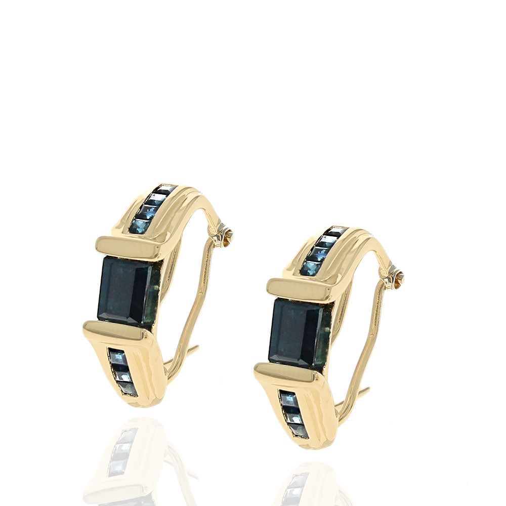 Dark Blue Australian Sapphire J Curve Earrings in Yellow Gold