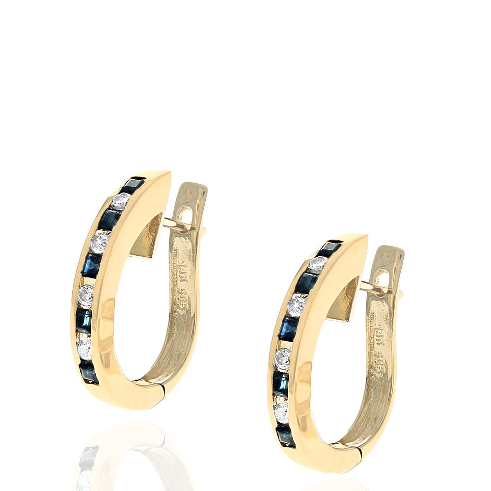 Dark Blue Australian Sapphire and Diamond Elongated Hoop Earrings in Yellow Gold