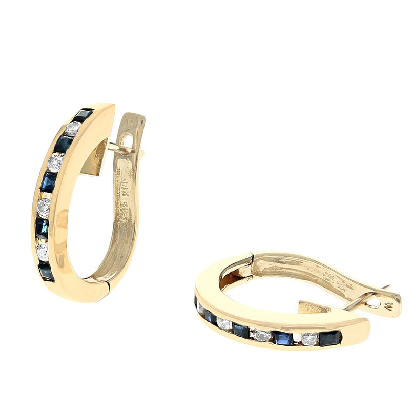 Dark Blue Australian Sapphire and Diamond Elongated Hoop Earrings in Yellow Gold