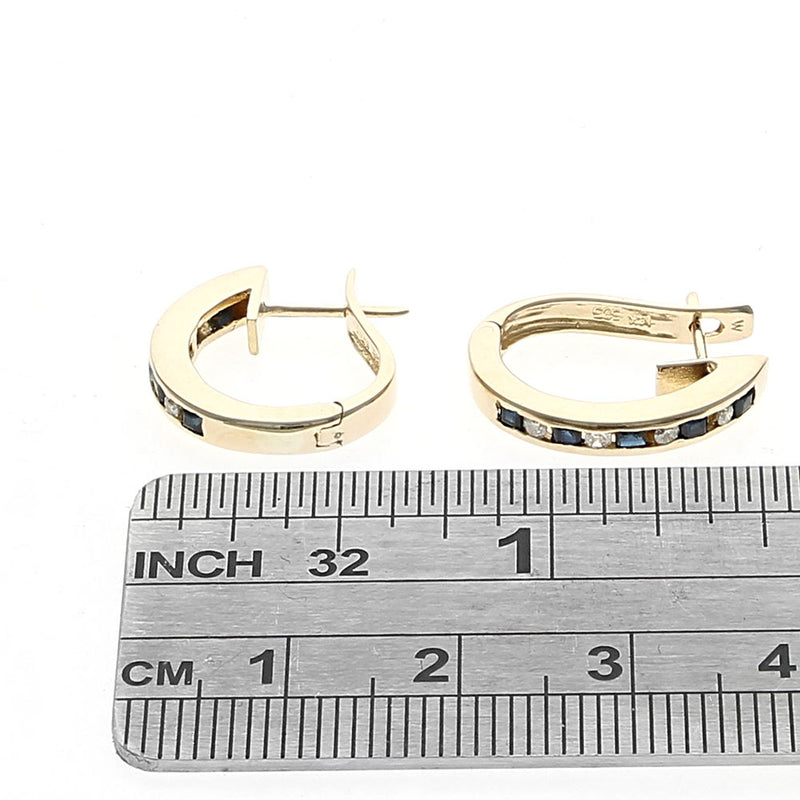 Dark Blue Australian Sapphire and Diamond Elongated Hoop Earrings in Yellow Gold