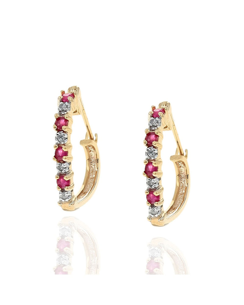 Alternating Ruby and Diamond Heart Hoop Earrings