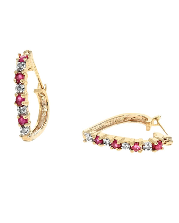 Alternating Ruby and Diamond Heart Hoop Earrings