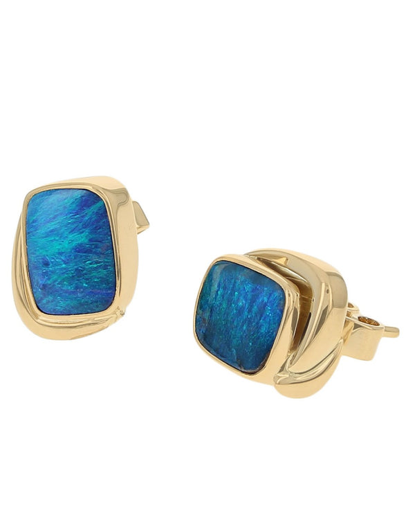 Lightning Ridge Black Opal Stud Earrings in Yellow Gold