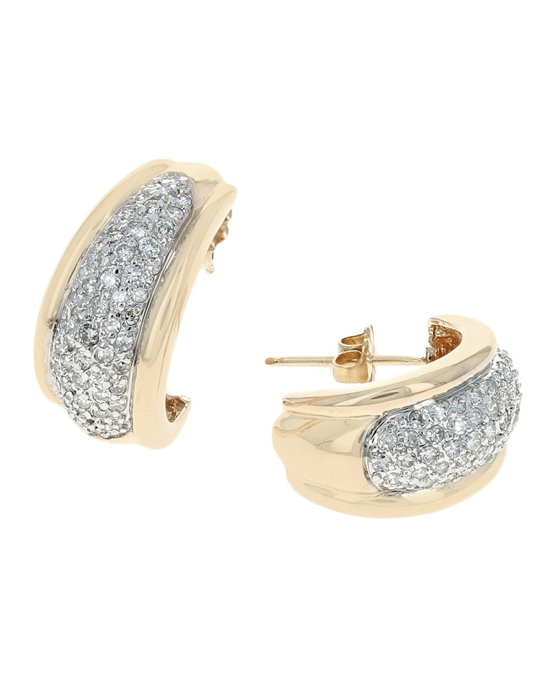 Pave Diamond J Curve Earrings in White and Yellow Gold