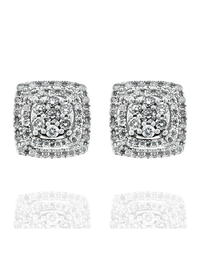 Diamond Triple Halo Square Stud Earrings in White Gold