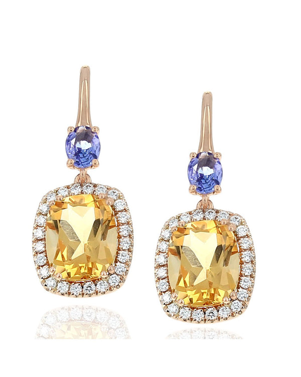 Cushion Cut Citrine Diamond Halo Tanzanite Drop Earrings