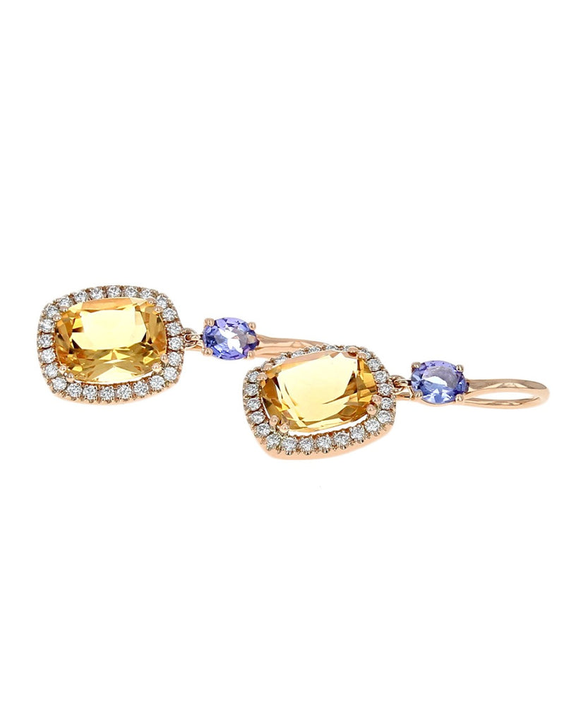 Cushion Cut Citrine Diamond Halo Tanzanite Drop Earrings