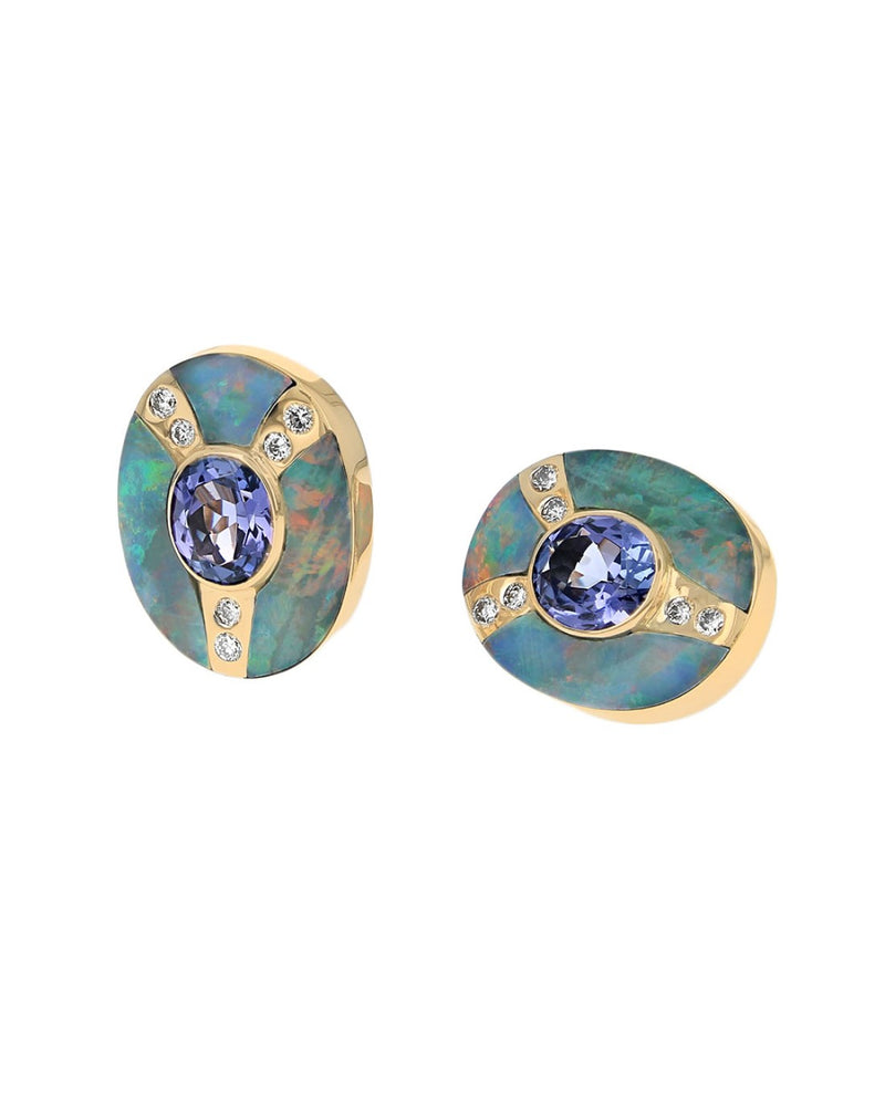 Tanzanite, Opal and Diamond Earrings in Gold