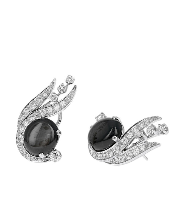 Black Star Sapphire and Diamond Winged Earrings