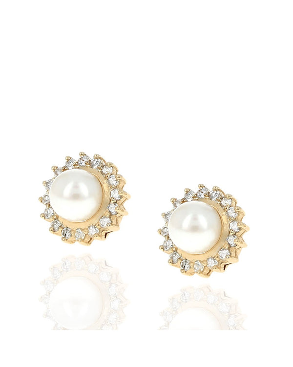 Pearl and Diamond Halo Stud Earrings in Yellow Gold