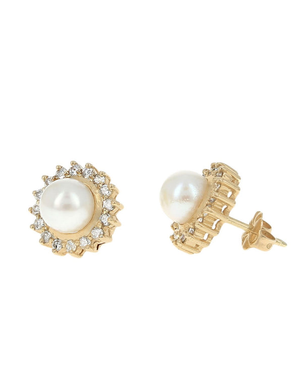 Pearl and Diamond Halo Stud Earrings in Yellow Gold