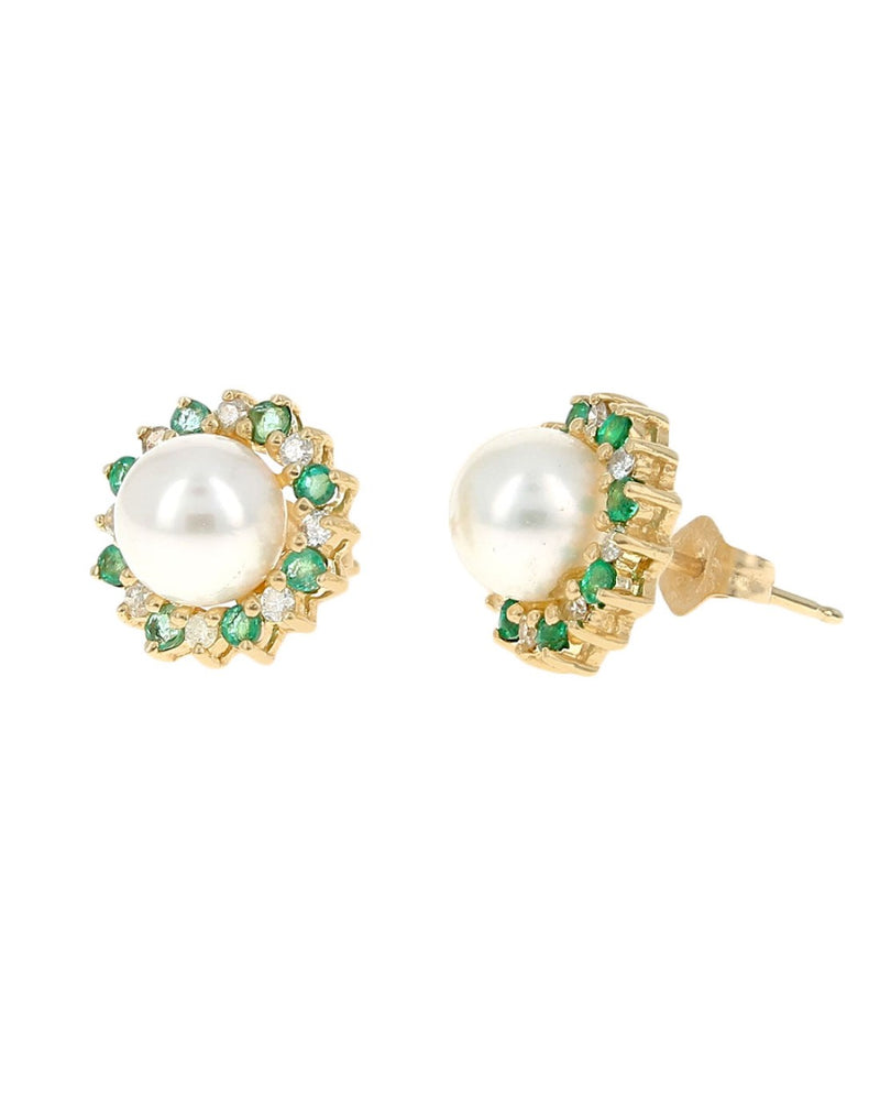 Pearl, Emerald, and Diamond Halo Stud Earrings in Yellow Gold