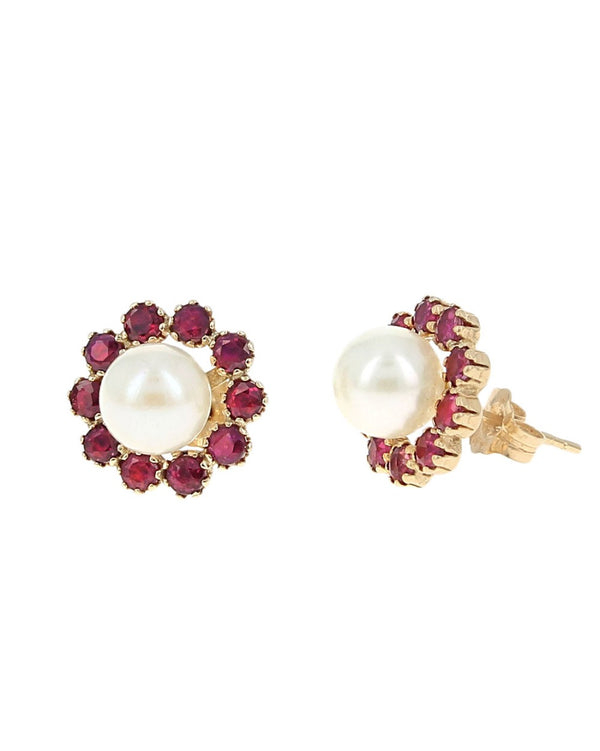 Pearl and Ruby Stud Earrings in Yellow Gold