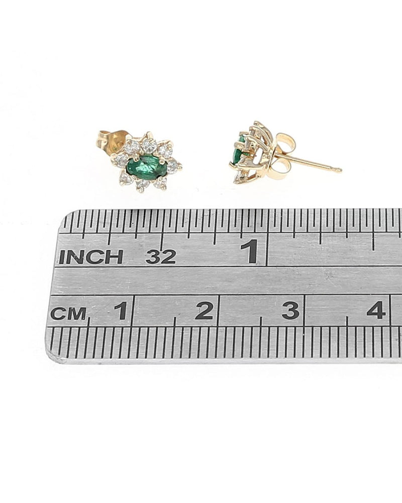 Emerald and Diamond Halo Stud Earrings in Yellow Gold