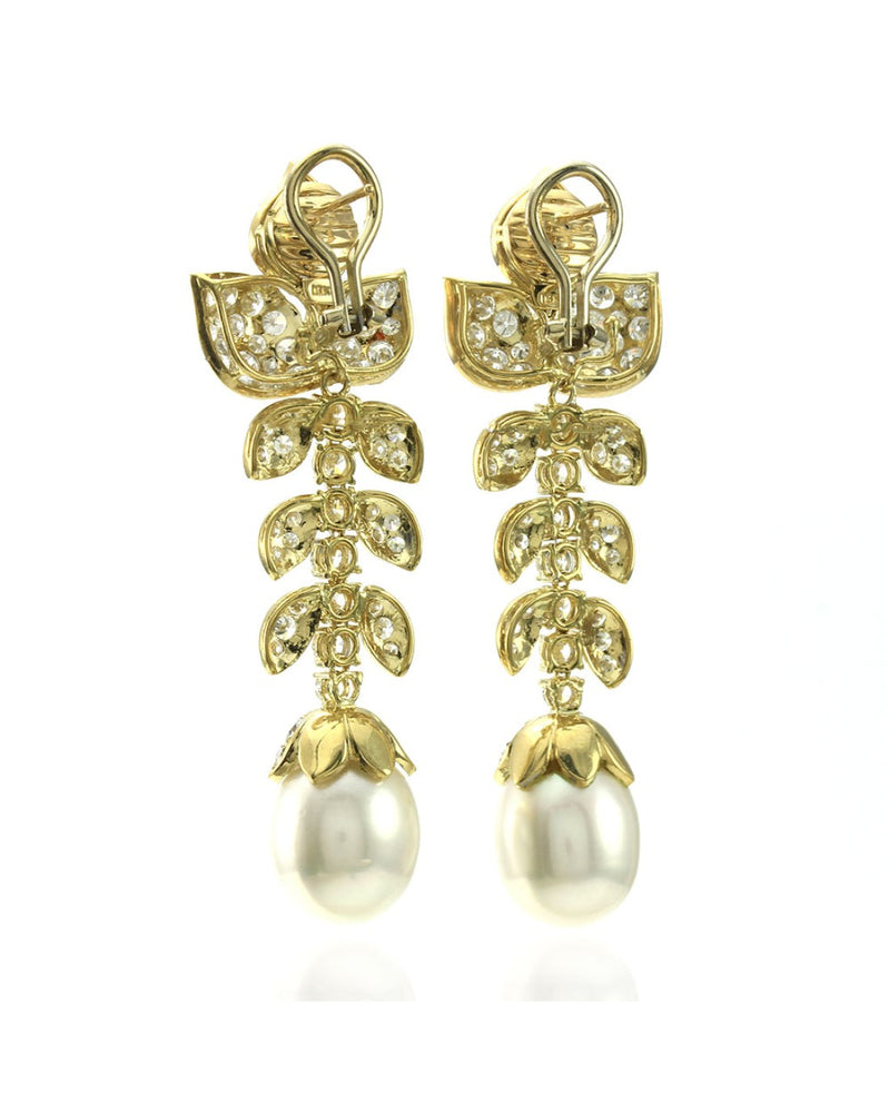 Pave Diamond and Pearl Detachable Dangle Earrings in Gold