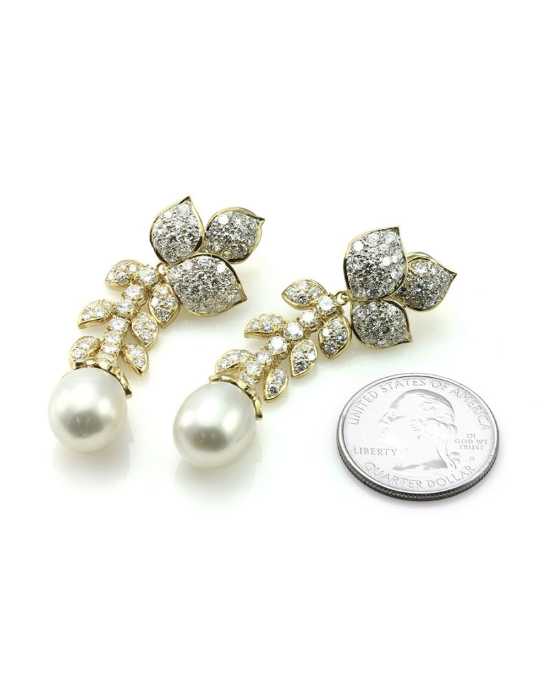 Pave Diamond and Pearl Detachable Dangle Earrings in Gold