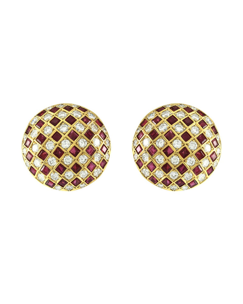 Ruby and Diamond Checkerboard Dome Clip On Earrings