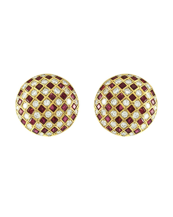 Ruby and Diamond Checkerboard Dome Clip On Earrings