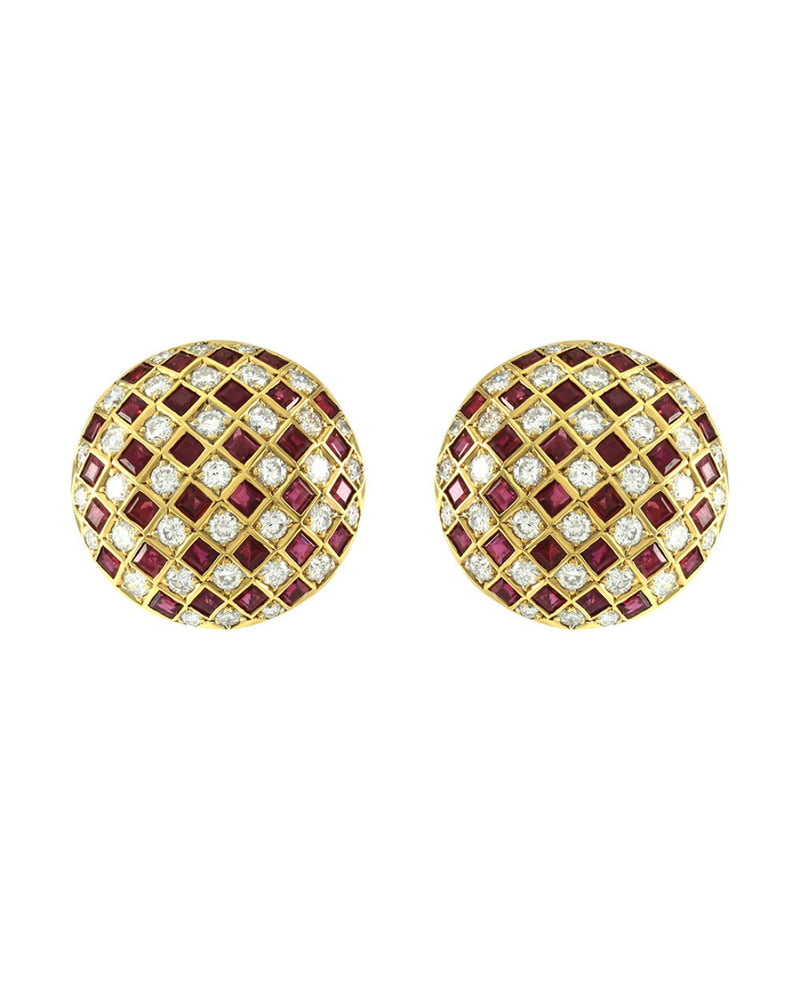 Ruby and Diamond Checkerboard Dome Clip On Earrings