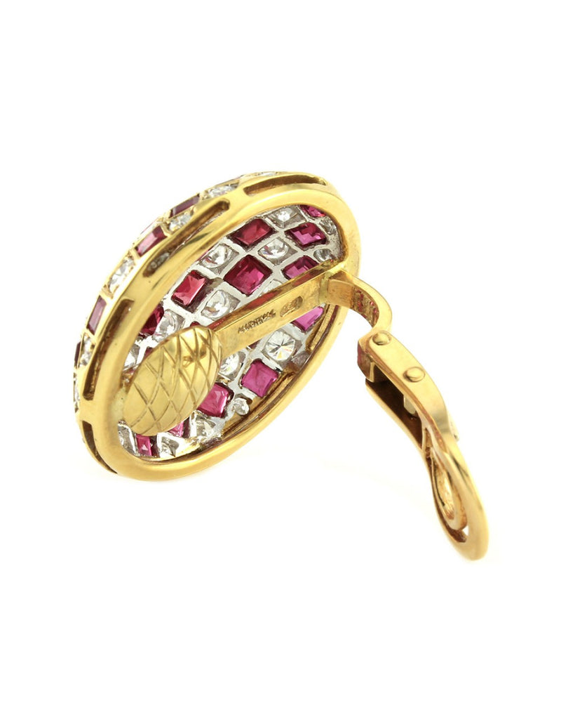 Ruby and Diamond Checkerboard Dome Clip On Earrings