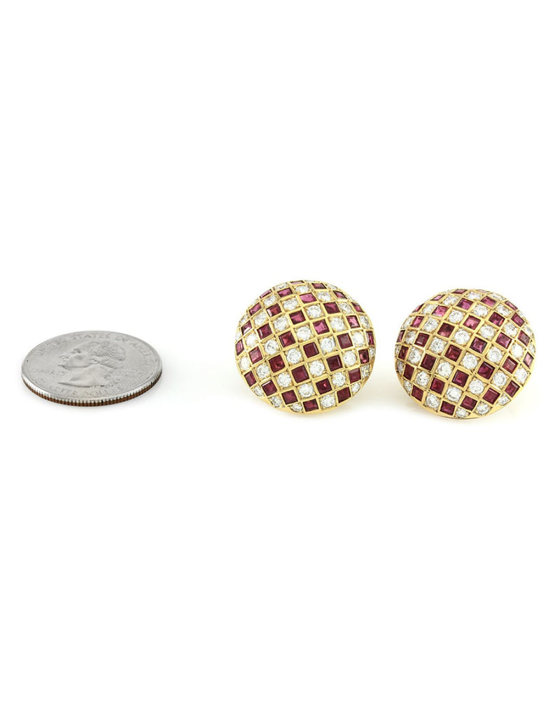 Ruby and Diamond Checkerboard Dome Clip On Earrings