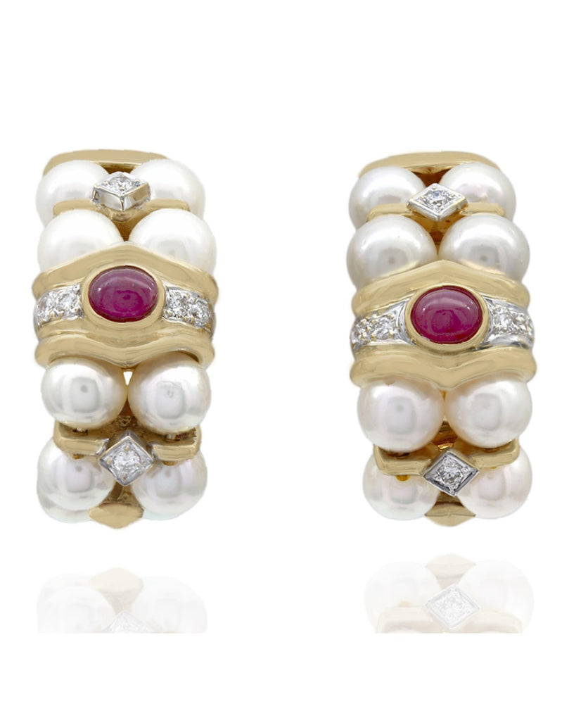 Diamond, Ruby, and Pearl Fashion Earrings in Two-Tone 18k White and Yellow Gold