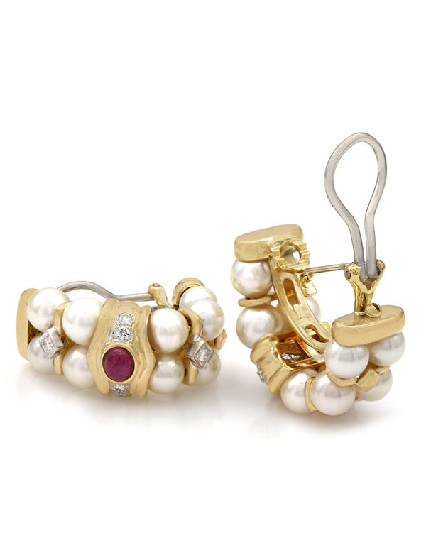 Diamond, Ruby, and Pearl Fashion Earrings in Two-Tone 18k White and Yellow Gold