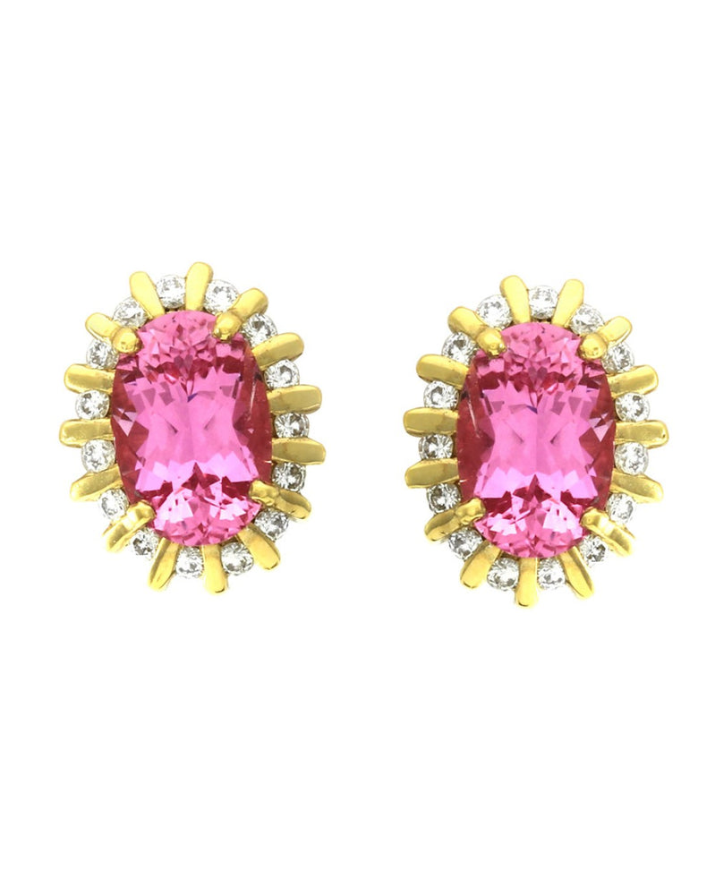 Genuine Oval Pink Sapphire Earrings with Bar Set Diamond Halo in 18K Yellow Gold