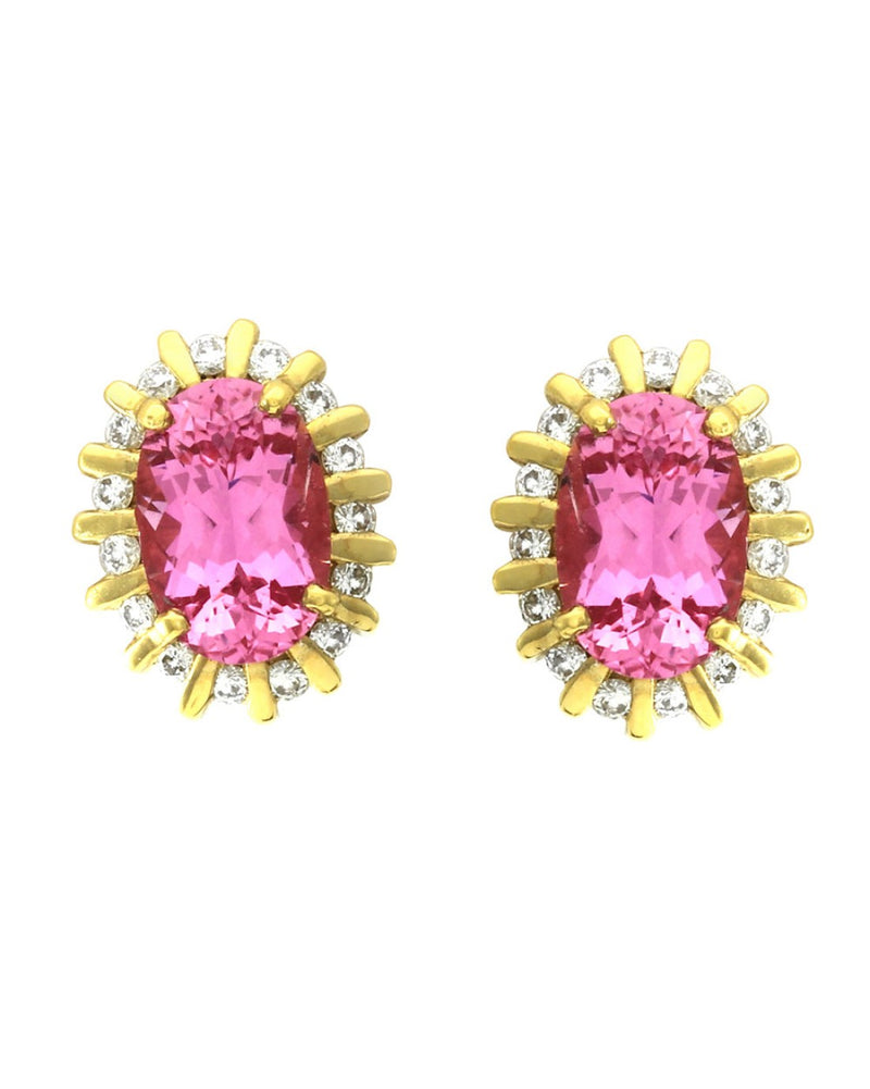 Genuine Oval Pink Sapphire Earrings with Bar Set Diamond Halo in 18K Yellow Gold