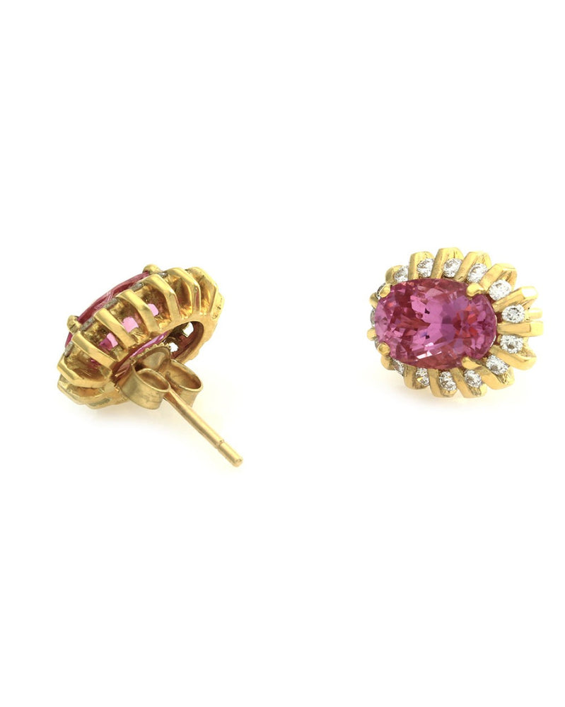 Genuine Oval Pink Sapphire Earrings with Bar Set Diamond Halo in 18K Yellow Gold