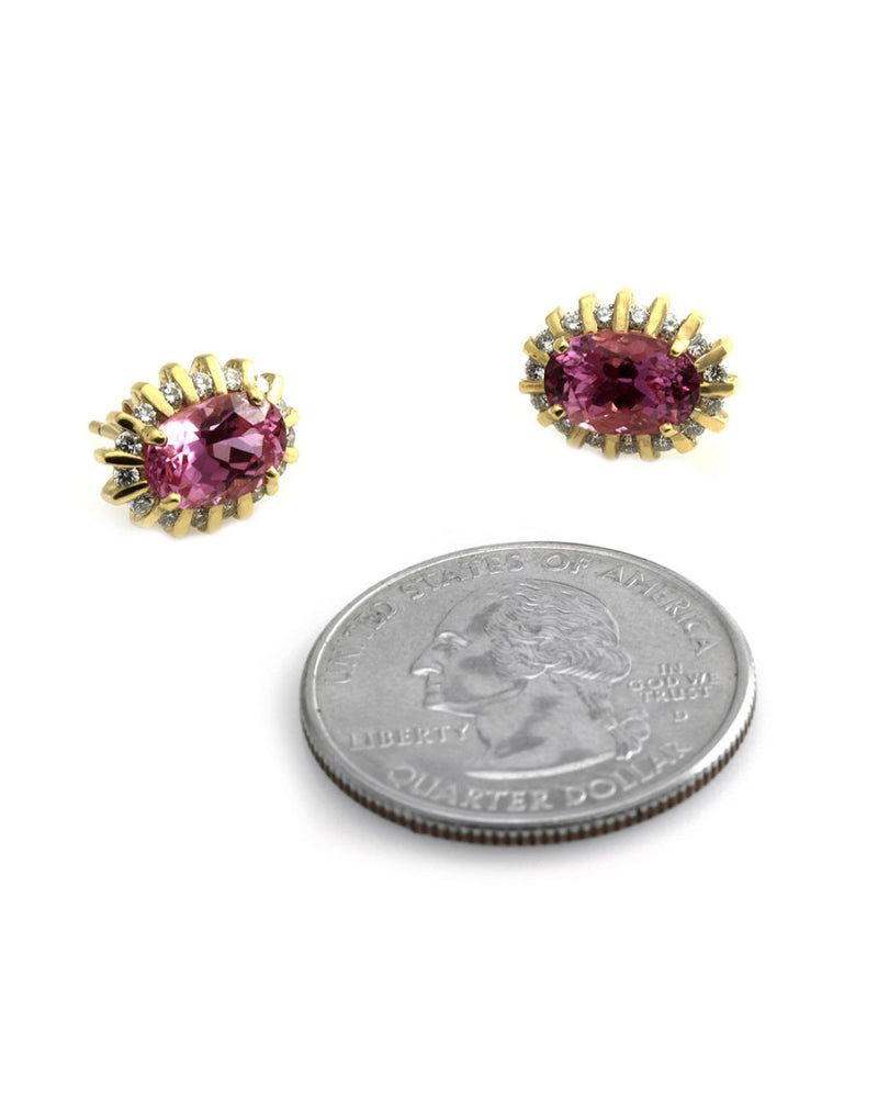 Genuine Oval Pink Sapphire Earrings with Bar Set Diamond Halo in 18K Yellow Gold