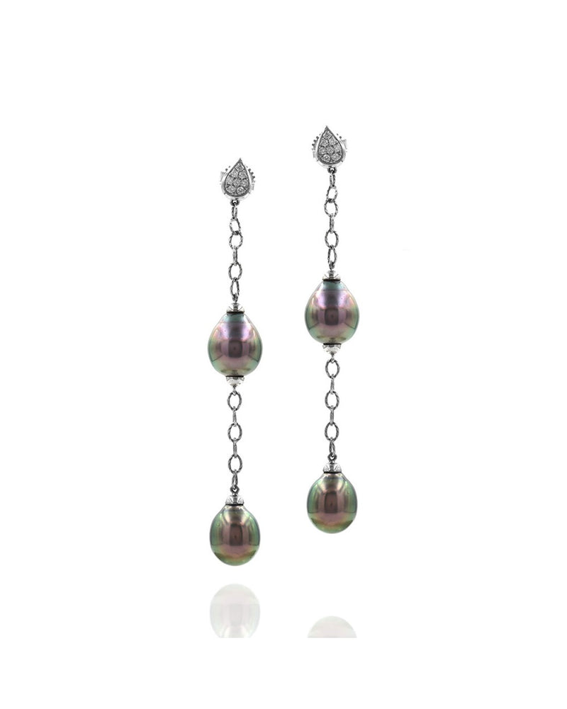 Tahitian Pearl and Pave Diamond Earrings in Gold