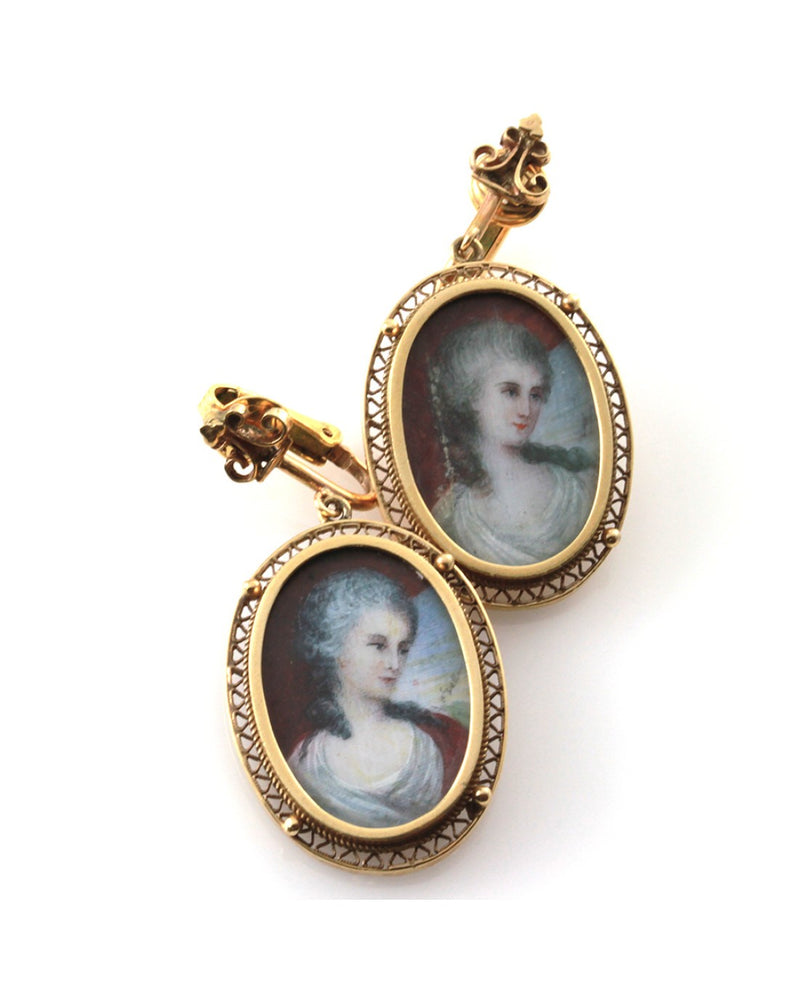 Antique Hand Painted Micro Portrait Clip-On Earrings in 10K Yellow Gold