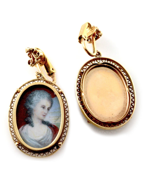 Antique Hand Painted Micro Portrait Clip-On Earrings in 10K Yellow Gold