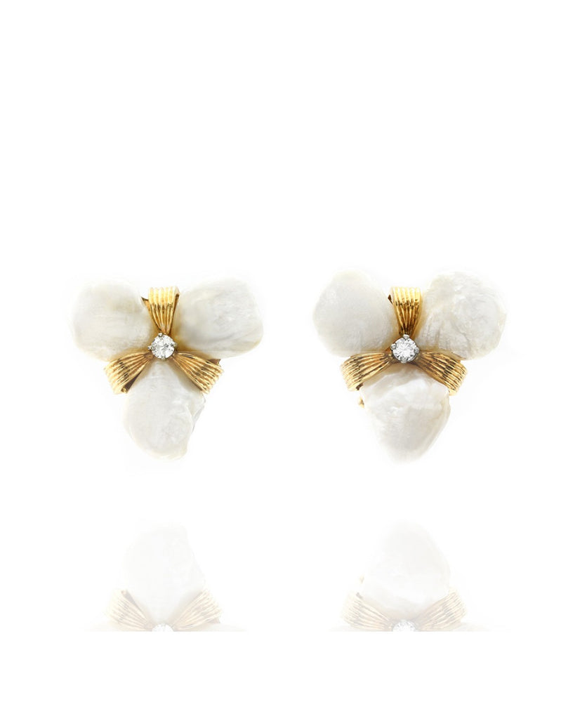 Ruser Fresh Water Pearl and Diamond Earrings in Yellow Gold