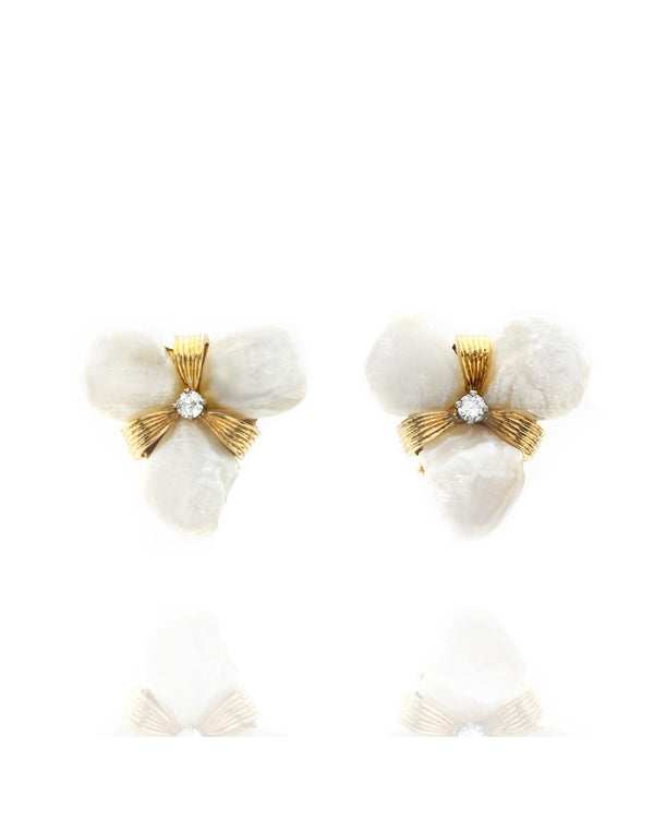 Ruser Fresh Water Pearl and Diamond Earrings in Yellow Gold